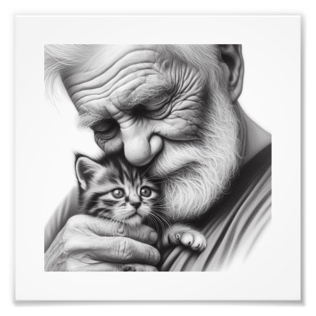 Heartfilt Moments Old Man och Kitten Close Art Fototryck (Framsidan)