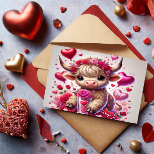 Heartfilt Sweets Highland Cow-Valentineser Helg Vykort