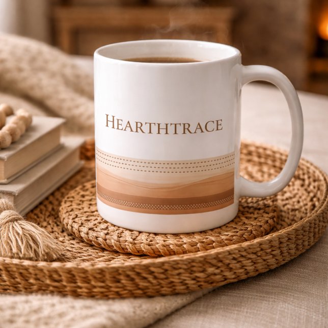 Hearth Stitch Lines Classic Mugg, 11 oz Kaffemugg (White mug with stitched brown dash lines, made for calm mornings and soft kitchen tones)