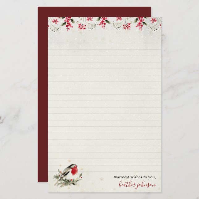 Hearthlight Notes Winter Robin Bird Personalized Brevpapper (Fram/baksida)