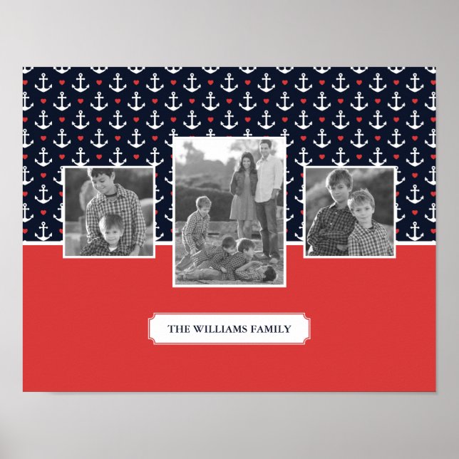 Hearts & Anchors Mönster | Familjefoto | Monogram Poster (Framsidan)