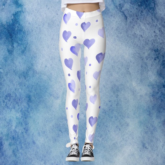 Hearts Blue Watercolor Mönster Leggings (A pair of leggings with a fun pattern of blue watercolor hearts and dots.)