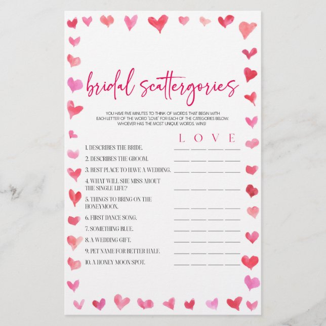 Hearts Bridal Scattergories Bridal Shower Game  Brevpapper (Framsida)