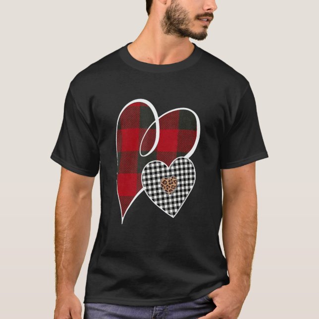 Hearts Buffalo Plaid Red White Leopard Heart Valen T Shirt (Framsida)