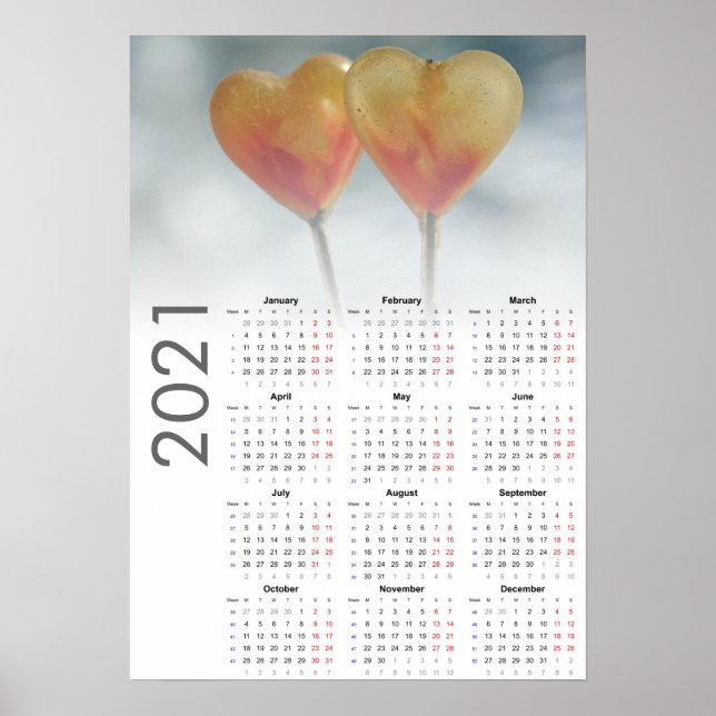 Hearts Calendar 2021 Poster - måndag första (Framsidan)
