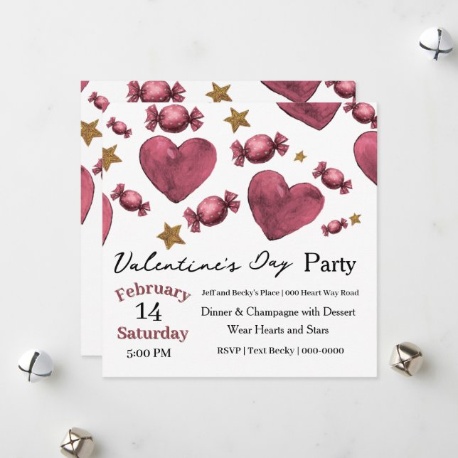 Hearts Candies and Stars Valentine Invitation Julkort (Fram/Back In Situ)