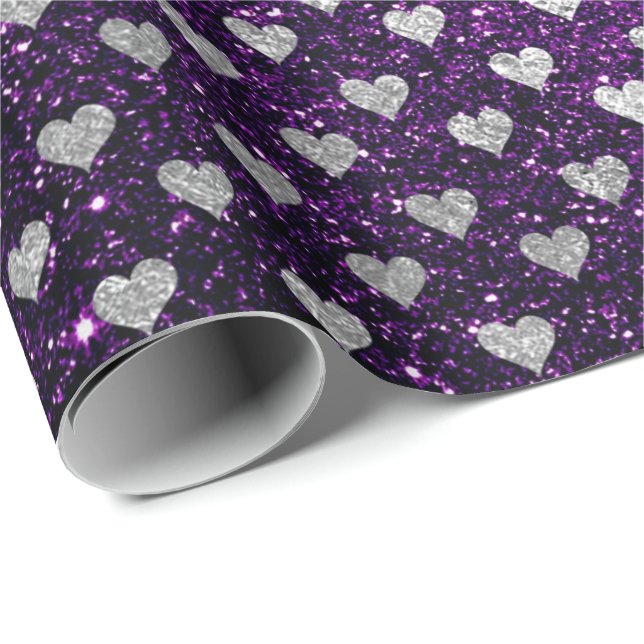 Hearts Confetti Silver Grått Glitter Lila Plum Presentpapper (Rullad Hörn)
