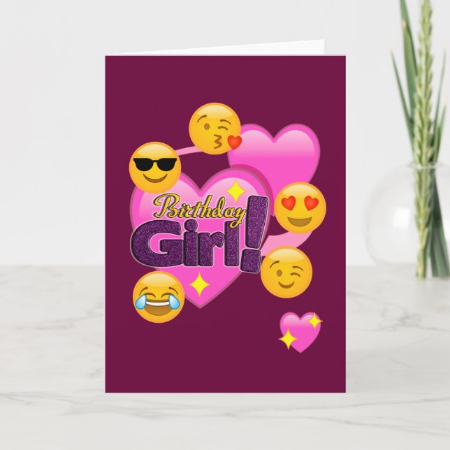 Hearts & Emojis Birthday Girl Kort (Framsida)