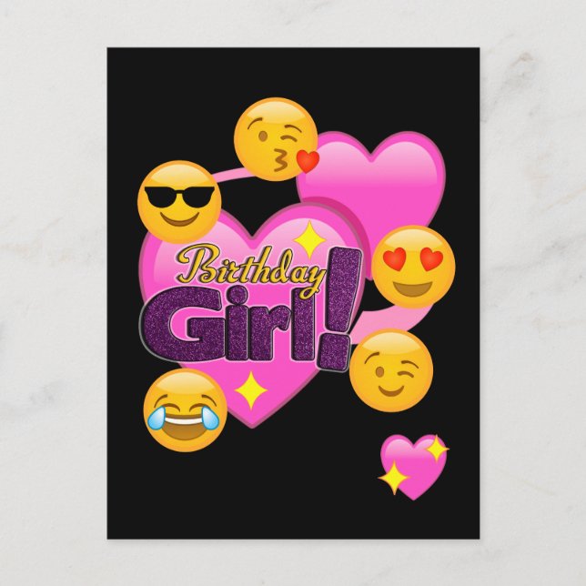 Hearts & Emojis Birthday Girl Vykort (Framsida)