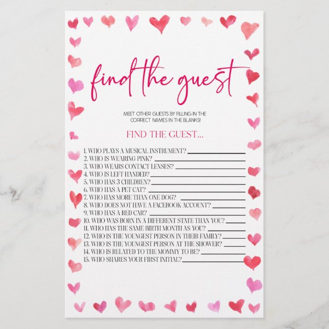 Hearts Find The Guest Bridal Shower Game  Brevpapper (Framsida)