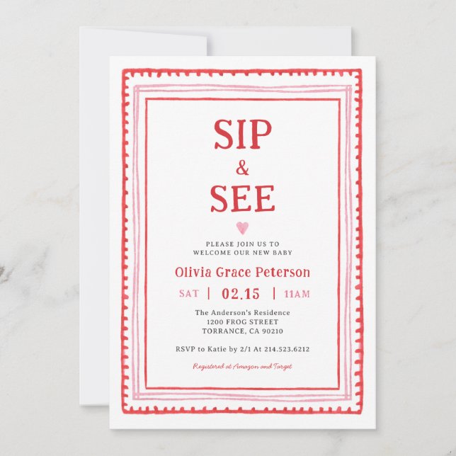 Hearts Flicka Sip och See Welcome Baby Inbjudningar (Framsida)