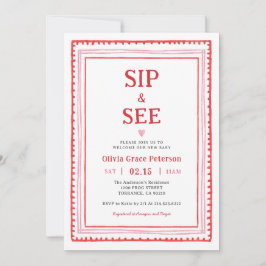 Hearts Flicka Sip och See Welcome Baby Inbjudningar