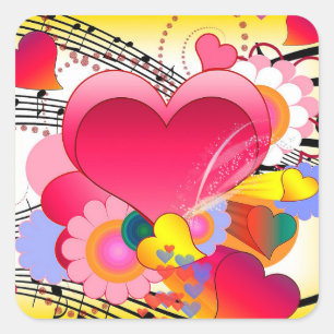 Hearts Flowers och Musik noter Fyrkantigt Klistermärke