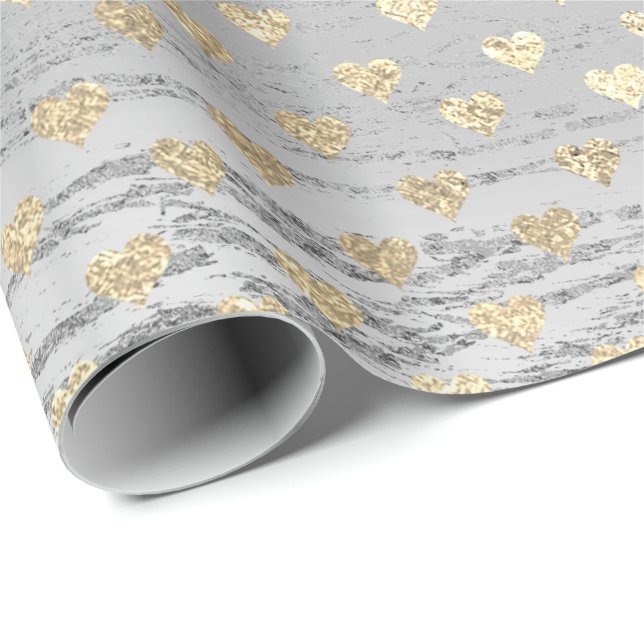 Hearts Foxier Wood Silver Grått Beach Rustic Weddi Presentpapper (Rullad Hörn)