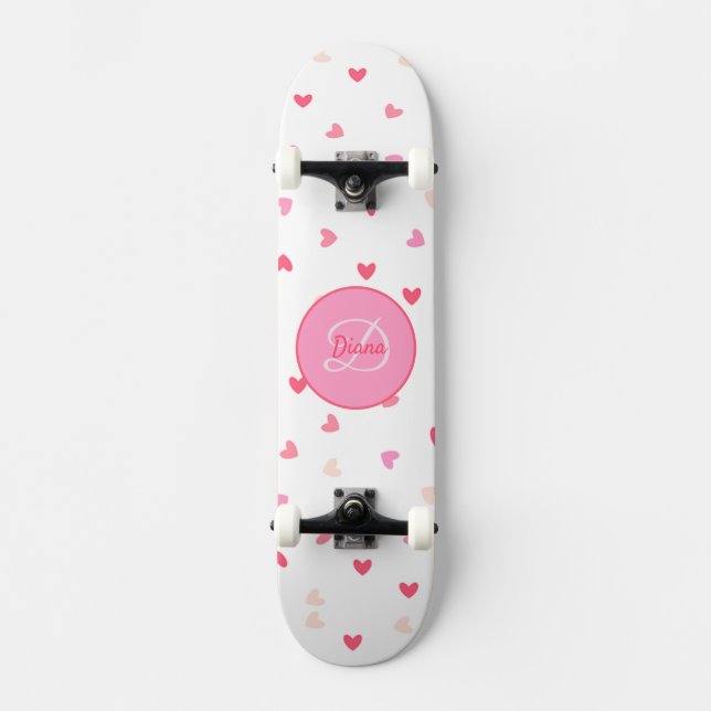 Hearts Girl Skateboard Monogram & Namn (Framsida)