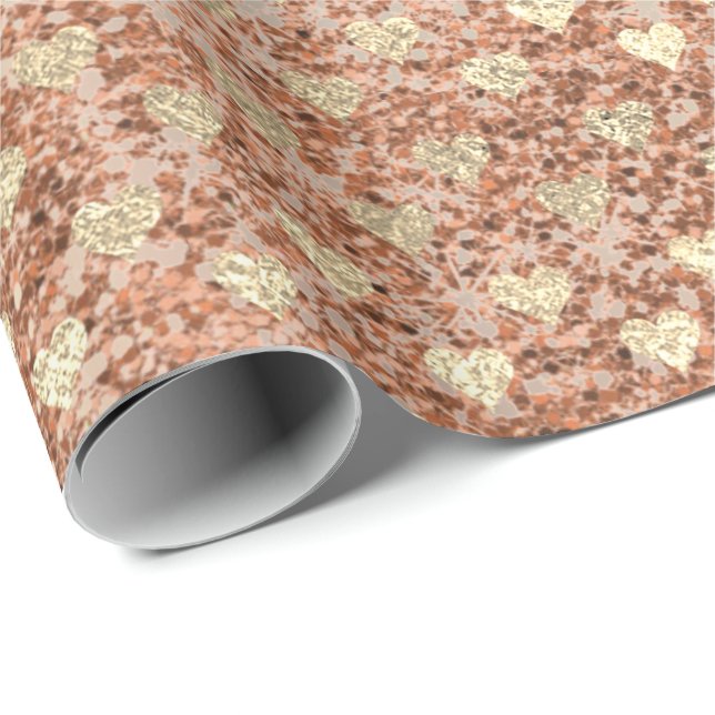 Hearts Glitter Rosa ros Guld Crystals Shiny Glam Presentpapper (Rullad Hörn)