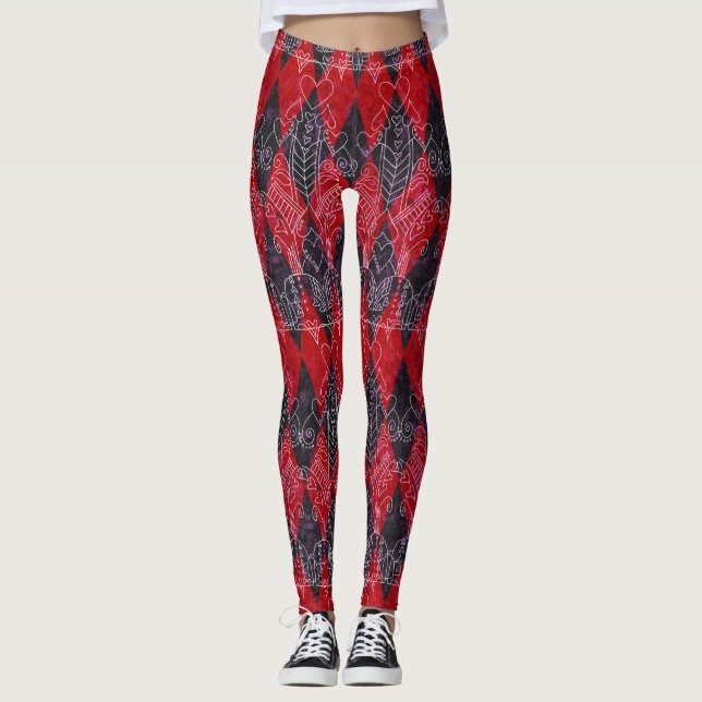 Hearts Harlequin Red Black White Leggings (Framsida)
