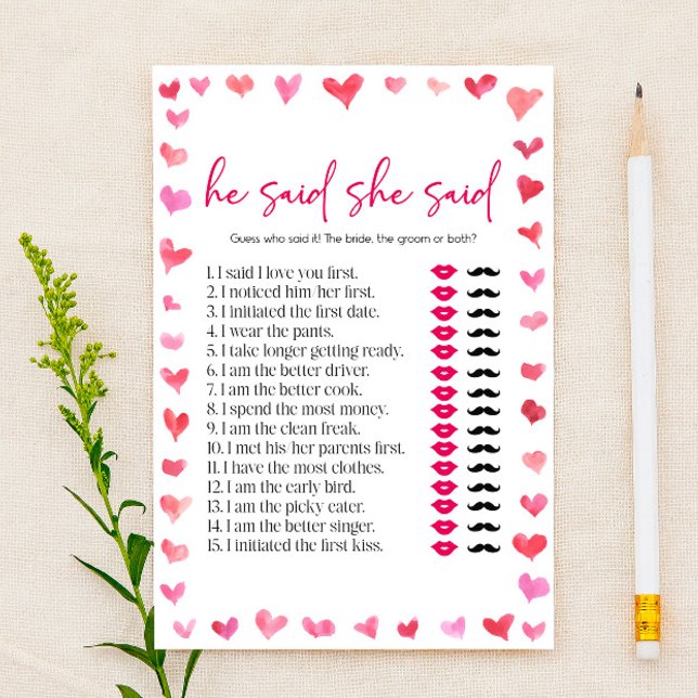 Hearts He Said She Said Bridal Shower Game  Brevpapper (Skapare uppladdad)