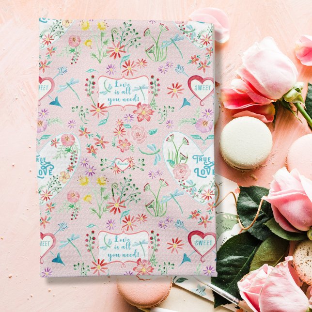 Hearts i Kärlek Blommigt Dragonfly Valentines day Kökshandduk (Skapare uppladdad)