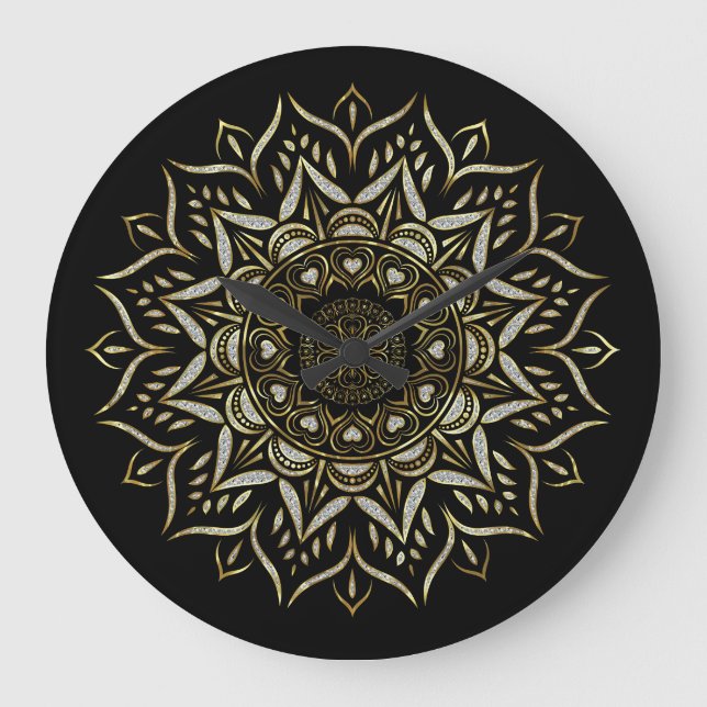 Hearts mandala White och guld faux glitter struktu Stor Klocka (Framsida)