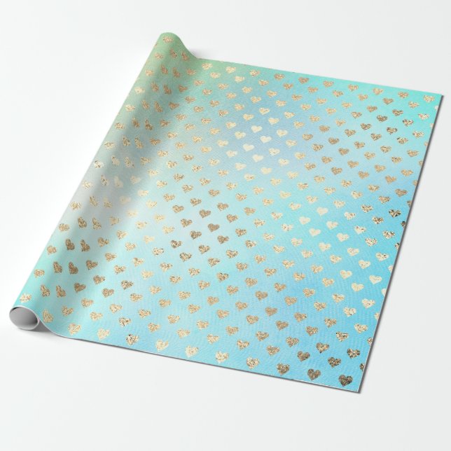 Hearts Metallic Mint Aqua Ocean Blue Guld Faux Presentpapper (Utrullad)