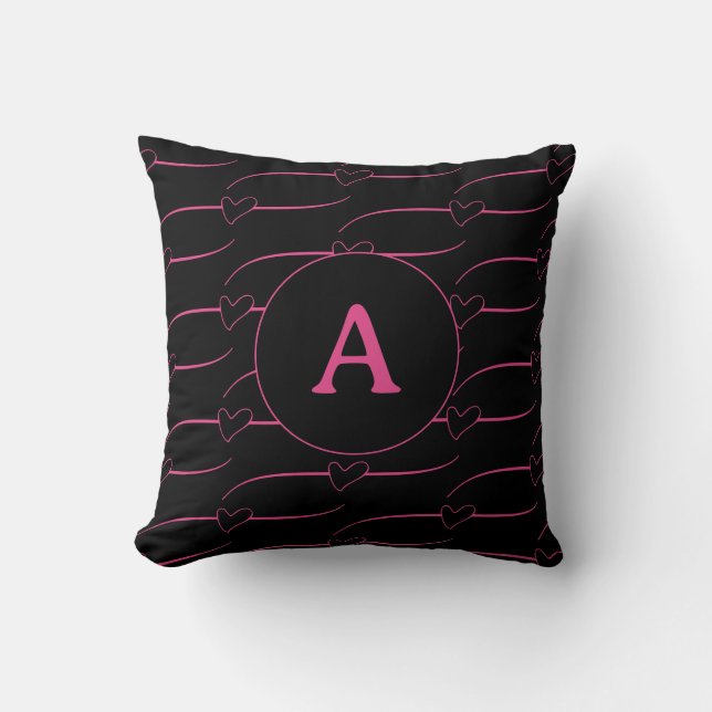 Hearts Monogram Black Magenta Kudde (Framsida)