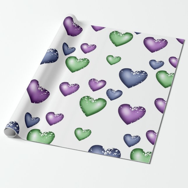 Hearts Mönster Blue Grönt Lila for Valentine's d Presentpapper (Utrullad)