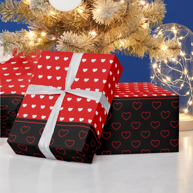 Hearts Mönster, Red, White and Black Färg Presentpapper (Helgdagar)