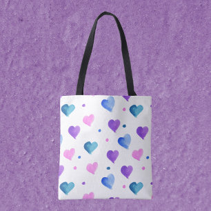Hearts Mönster Watercolor Rosa Blue Lila Tygkasse