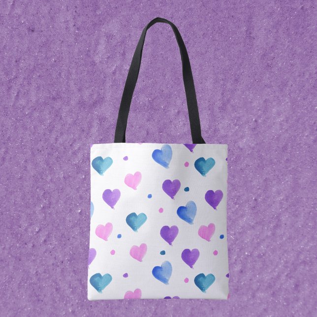 Hearts Mönster Watercolor Rosa Blue Lila Tygkasse (A tote bag with a watercolor pattern of hearts and dots in pink, blue and purple.)
