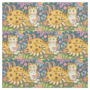 Hearts N'Rand Tabby katt FOLK ART FABRIC Tyg