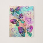 Hearts och Butterflies Puzzle Pussel<br><div class="desc">Kute,  färgstarka Butterflies Puzzles with Hearts MIGNED Painting Design</div>