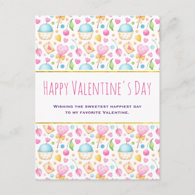 Hearts och Kärlek Watercolor Mönster Valentine Day Vykort (Framsida)