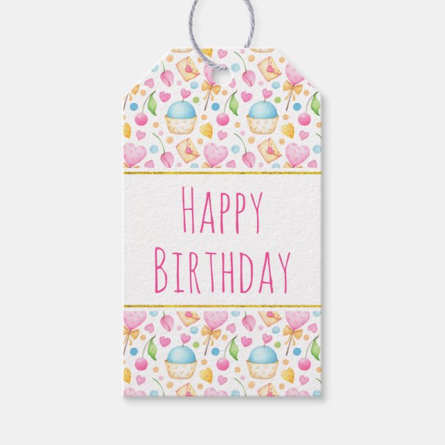 Hearts och muffins Delighful Watercolor Mönster Presentetikett (Framsidan)