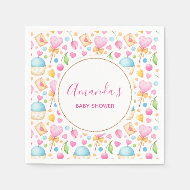 Hearts och Muffins Watercolor Mönster Party Pappersservett (Framsidan)