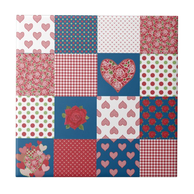Hearts och Ro Faux Patchwork Ceramic Tile Kakelplatta (Framsidan)