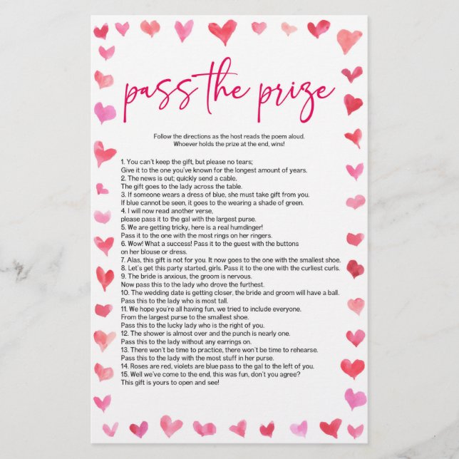 Hearts Pass The Prize Bridal Shower Game  Brevpapper (Framsida)