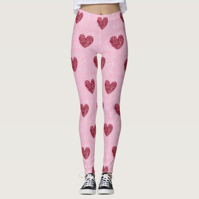 Hearts Red Hearts on Rosa Faux Fuzzy Design Leggings (Framsida)