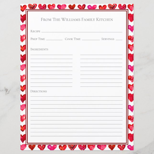 Hearts Red Pink White Recipe Paper Sheet (Framsida)