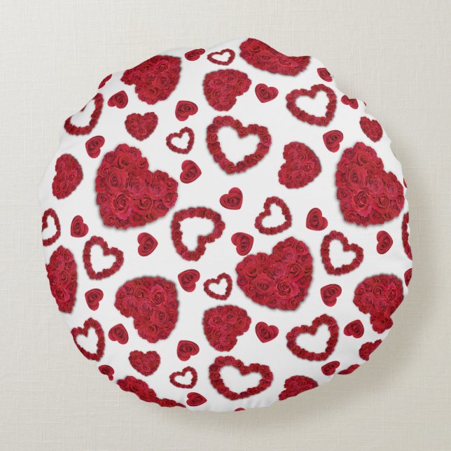 Hearts Red Roses Pattern Minimalist Rund Kudde (Baksidan)