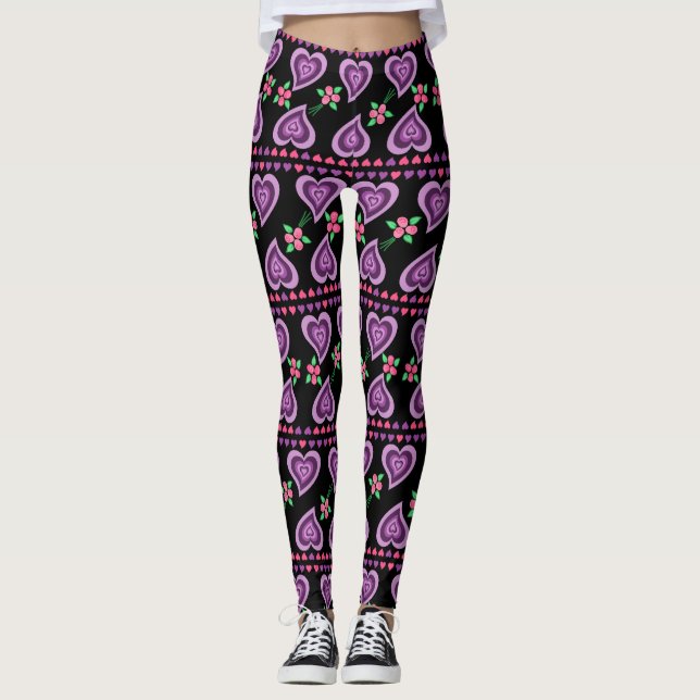 Hearts Ro Lila Pinks Black Valentine Day Leggings (Framsida)