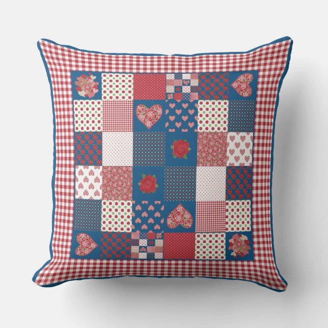 Hearts, Ro Red, White, Blue Faux-Patchwork Kudde (Framsida)