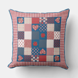 Hearts, Ro Red, White, Blue Faux-Patchwork Kudde