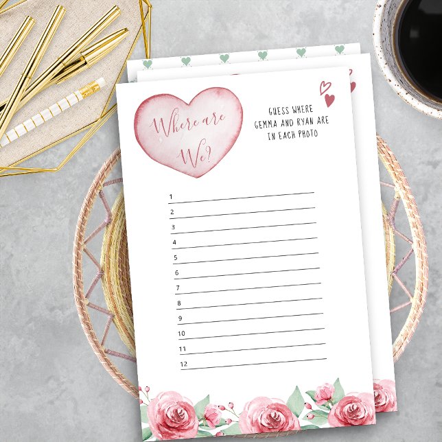 Hearts Ro var är vi? Möhippans spel (Where Are We? Bridal Shower Photo Guessing Game Answer Sheet)