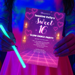 Hearts Rosa och Lila Glow Party Sweet 16 Inbjudningar