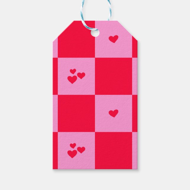 Hearts rutnätsrosa och rött presentetikett (Framsidan)