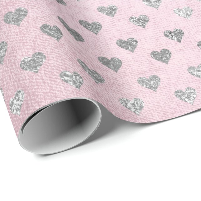Hearts Silver Glam Rosa ros Pastel Shiny Presentpapper (Rullad Hörn)