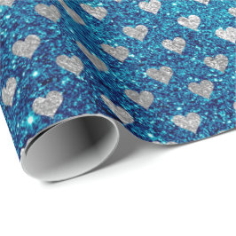 Hearts Silver Grått Glitter Turquise Ocean Blue Presentpapper