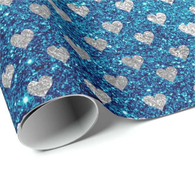 Hearts Silver Grått Glitter Turquise Ocean Blue Presentpapper (Rullad Hörn)