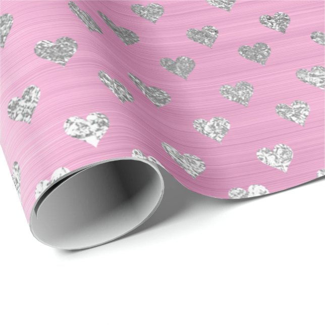 Hearts Silver Grått Metallic Rosa ros  Presentpapper (Rullad Hörn)
